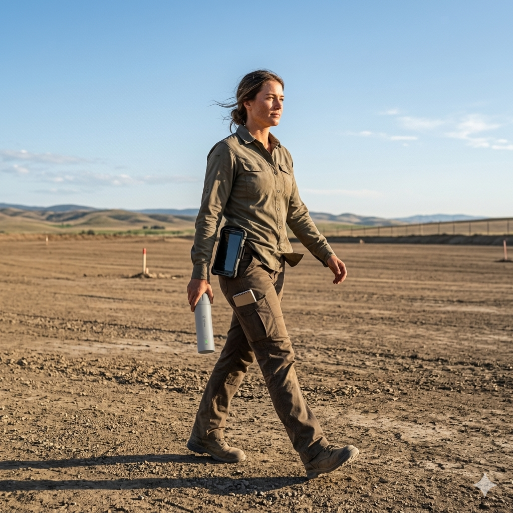 A professional land surveyor walking with the FJD Trion V4E in her hand